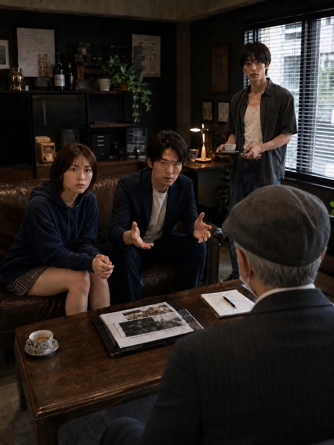 来客から話を聞く三人