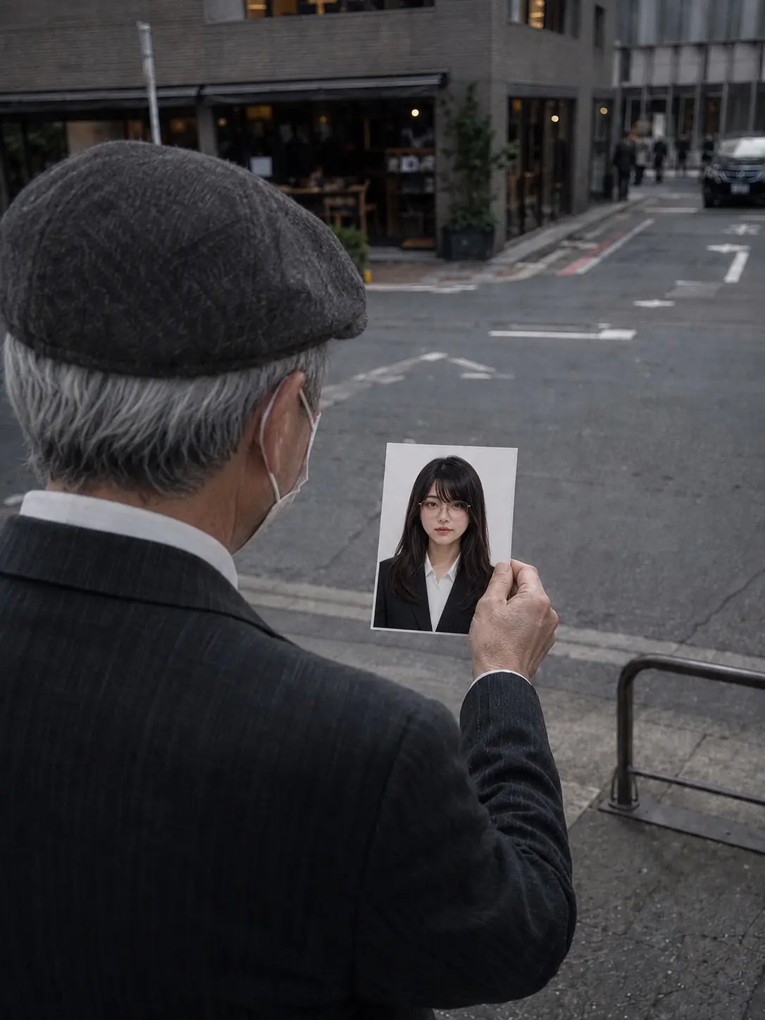 来客が女性の写真を見つめる