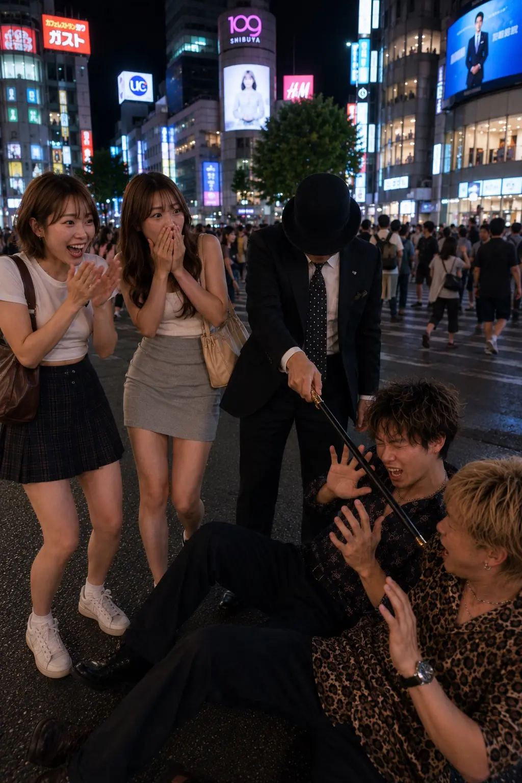 帽子の男性が二人を助ける