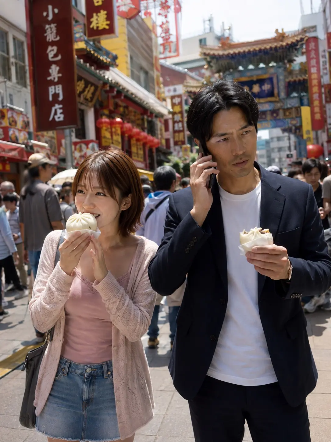 中華街で電話を受ける