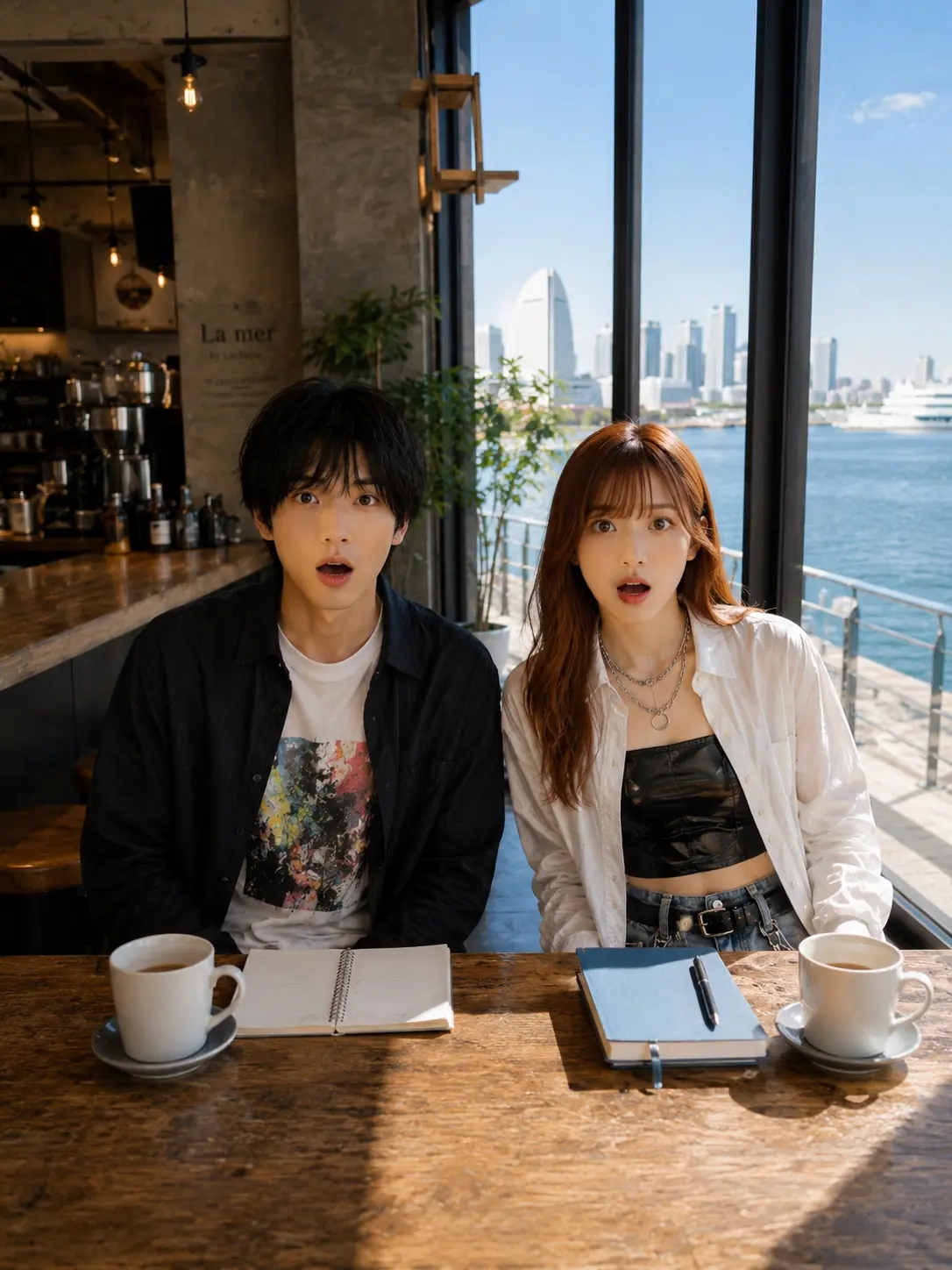 海辺のカフェで驚くしきとかなめ