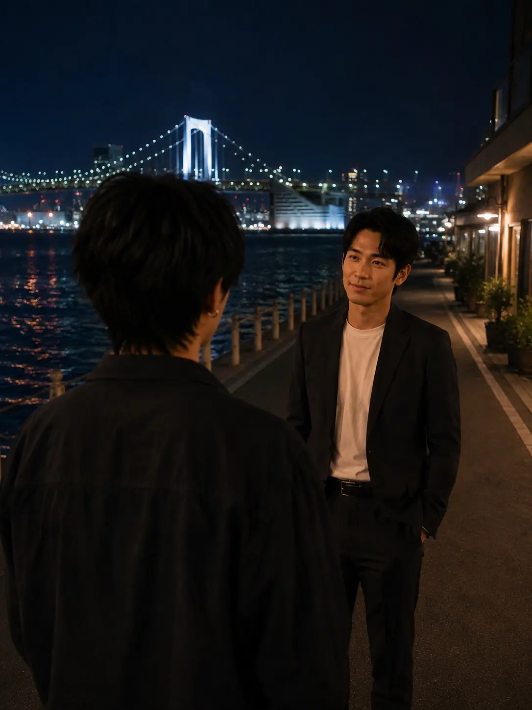 夜の海辺で向き合うしきとユーイチ
