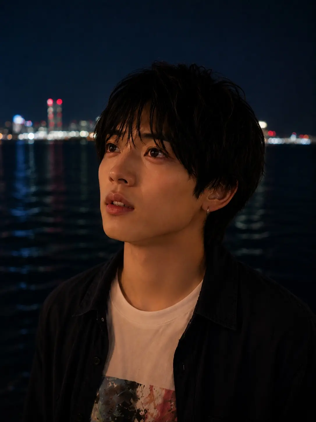 夜景の前で涙を浮かべるしき